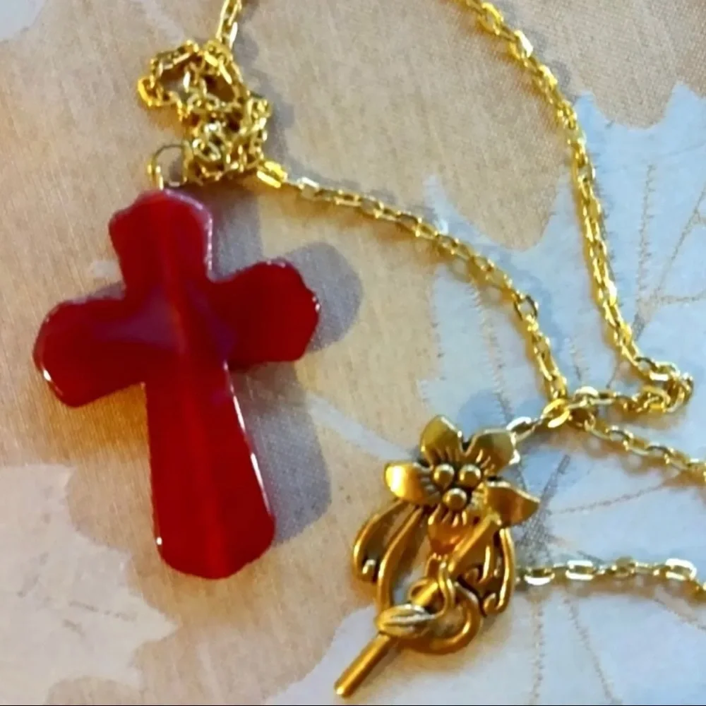 Vintage VICTORIAN Gold Cross NECKLACE FILIGREE RUBY RED Hand Carved Cross 17”